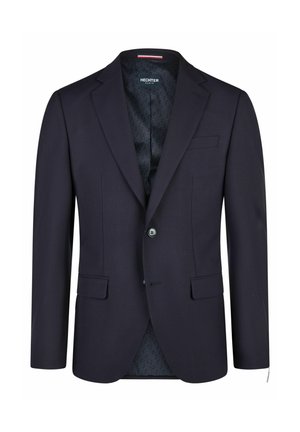 Marineblå herreblazer med enkelt knap, hakkede revers, to frontlommer med klap og mærket indre foer.