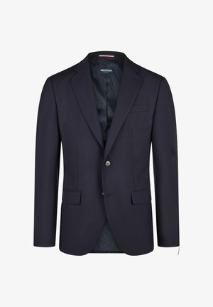 Marineblå herreblazer med enkelt knap, hakkede revers, to frontlommer med klap og mærket indre foer.