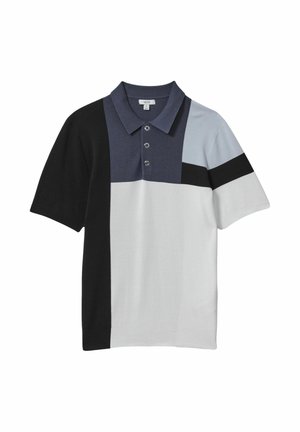Koszulka polo z krótkim rękawem, z wzorem color-block w kolorach czarnym, szarym, jasnoniebieskim i białym, z trzema guzikami na przedniej listwie.
