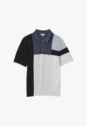 Polo met korte mouwen en kleurblokdesign in zwart, grijs, lichtblauw en wit met drie knopen op de voorbies.