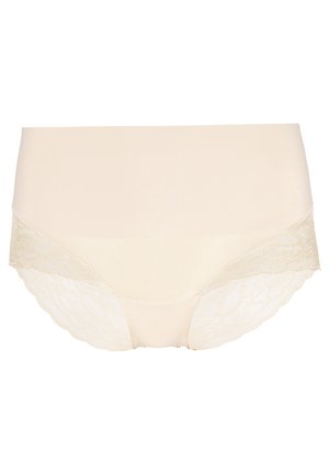 Beige kvinders trusse med en glat front og lace sidepaneler, med en scalloped kant for ekstra tekstur og designdetalje.