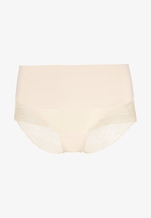 Beige kvinders trusse med en glat front og lace sidepaneler, med en scalloped kant for ekstra tekstur og designdetalje.