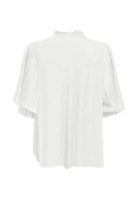 Hvid, kortærmet bluse med rund halsudskæring, subtil rynket kant og løs pasform med en glat stofstruktur.
