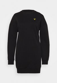 Schwarzes Sweatshirt-Kleid mit rundem Halsausschnitt, langen Ärmeln, gerippten Bündchen und weichem Baumwollmaterial. Es hat ein kleines gelbes Logo auf der Brust.
