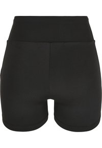 Black high-waisted shorts made of smooth fabric, featuring a fitted design and hemmed edges, with no visible pockets or embellishments.