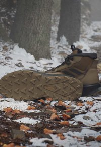 Brauner Wanderschuh mit robuster Continental-Sohle liegt auf verschneitem Waldboden mit abgefallenen Blättern und Baumstämmen im Hintergrund.