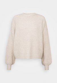 Pull beige en maille avec une texture gaufrée, col rond, manches longues bouffantes et poignets et taille côtelés.