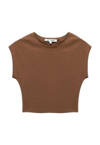 Brun crop top i blødt stof, med rund hals og korte ærmer i cap-sleeve stil samt en afslappet pasform. Enkel og sømløs design.