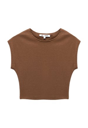 Brązowy krótki t-shirt z miękkiego materiału, z okrągłym dekoltem i krótkimi rękawami w fasonie kimonowym, luźny krój. Prosty i jednolity design.