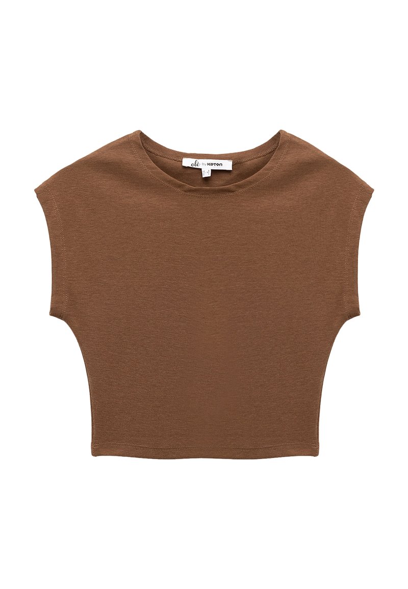 Brun crop top i blødt stof, med rund hals og korte ærmer i cap-sleeve stil samt en afslappet pasform. Enkel og sømløs design.