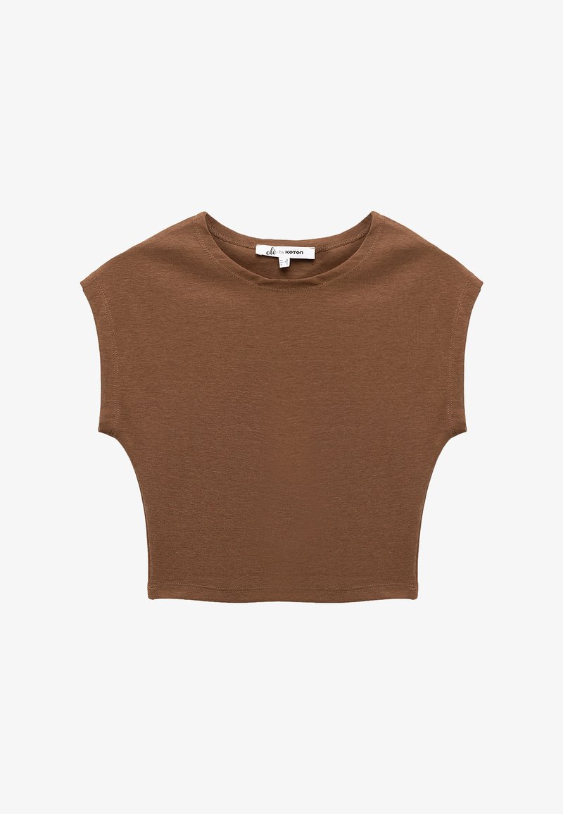 Brun crop top i blødt stof, med rund hals og korte ærmer i cap-sleeve stil samt en afslappet pasform. Enkel og sømløs design.