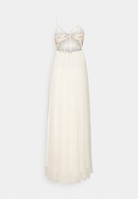 Maxi šaty v krémové barvě, s přiléhavým korzetem s květinovou výšivkou, průsvitným přehozem, nastavitelnými ramínky a splývavou, strukturovanou sukní.