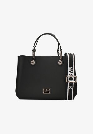 Schwarze Marc Ellis Handtasche mit Doppelgriffen und verstellbarem schwarz-weißem, gebrandetem Schulterriemen.
