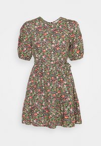 Abito floreale con maniche corte a palloncino, sfondo nero, motivi floreali multicolori, vita elastica e lunghezza sopra il ginocchio.