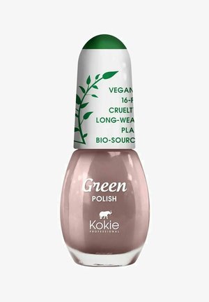 Vegan kynsilakka pyöreässä lasipullossa, jossa on vihreä ja valkoinen korkki. Pullossa on teksti, joka kertoo eläinkokeettomuudesta ja pitkäkestoisista ominaisuuksista.