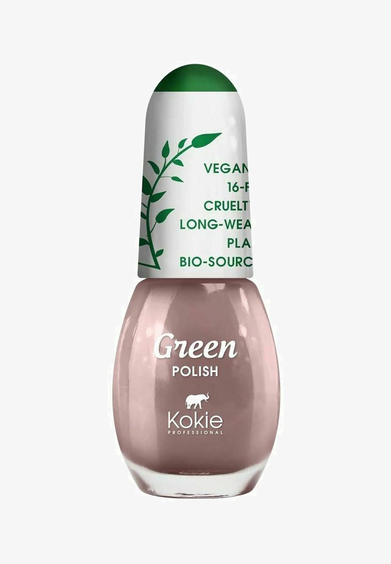 Vegan kynsilakka pyöreässä lasipullossa, jossa on vihreä ja valkoinen korkki. Pullossa on teksti, joka kertoo eläinkokeettomuudesta ja pitkäkestoisista ominaisuuksista.