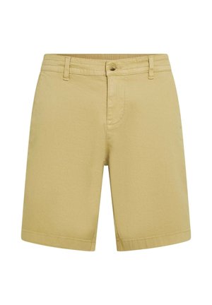 Shorts kaki en tissu léger, avec passants pour ceinture, poches avant, coupe droite et détails de couture subtils.