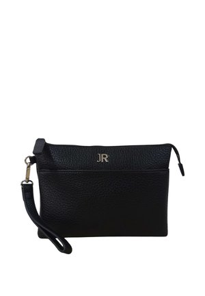 Pochette in pelle nera texturizzata con logo argentato "JR" e cinturino da polso staccabile, chiusura con zip in alto.