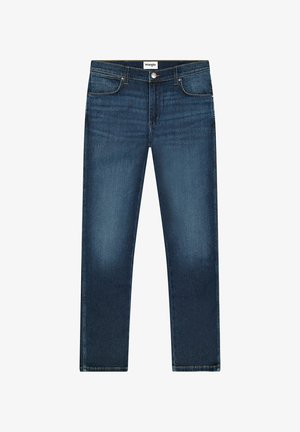 Mörkblå denimjeans med rak benform, med en klassisk femficksdesign och en enfärgad nyans med subtila blekningar.