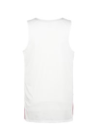 Canottiera sportiva bianca senza maniche con un tessuto strutturato e dettagli rossi ai lati. Materiale liscio e traspirante, progettato per l'abbigliamento attivo.