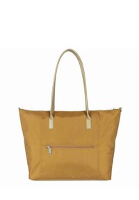 Borsa a tracolla gialla in canvas con manici in pelle beige, forma rettangolare, tasca frontale con cerniera e superficie liscia.