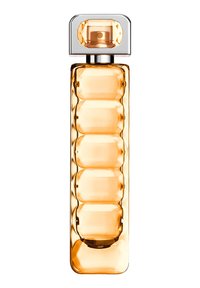 Bouteille de parfum avec un corps en verre rectangulaire, texturé de segments arrondis, rempli de liquide ambré, surmonté d'un capuchon en argent facetté.