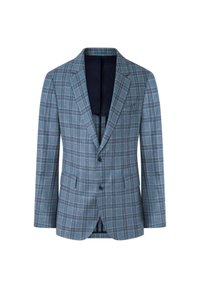 Blå rutig blazer med tvåknappsstängning, slagna reverser och två framfickor. Fodrat inre i mörk marinblå. Strukturerad passform och textil med mönster.
