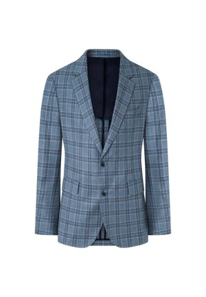 Blazer a quadri blu con chiusura a due bottoni, revers a punta e due tasche frontali. Interno foderato in blu scuro. Vestibilità strutturata e tessuto testurizzato.