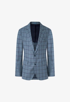 Blazer a quadri blu con chiusura a due bottoni, revers a punta e due tasche frontali. Interno foderato in blu scuro. Vestibilità strutturata e tessuto testurizzato.