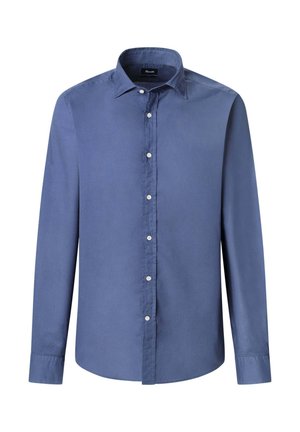 Donkerblauwe lange mouwen shirt van glad katoen, met een klassieke kraag en zes knopen aan de voorkant voor sluiting.