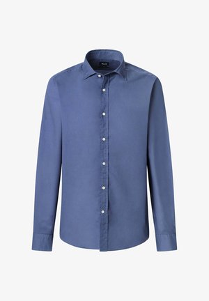 Donkerblauwe lange mouwen shirt van glad katoen, met een klassieke kraag en zes knopen aan de voorkant voor sluiting.