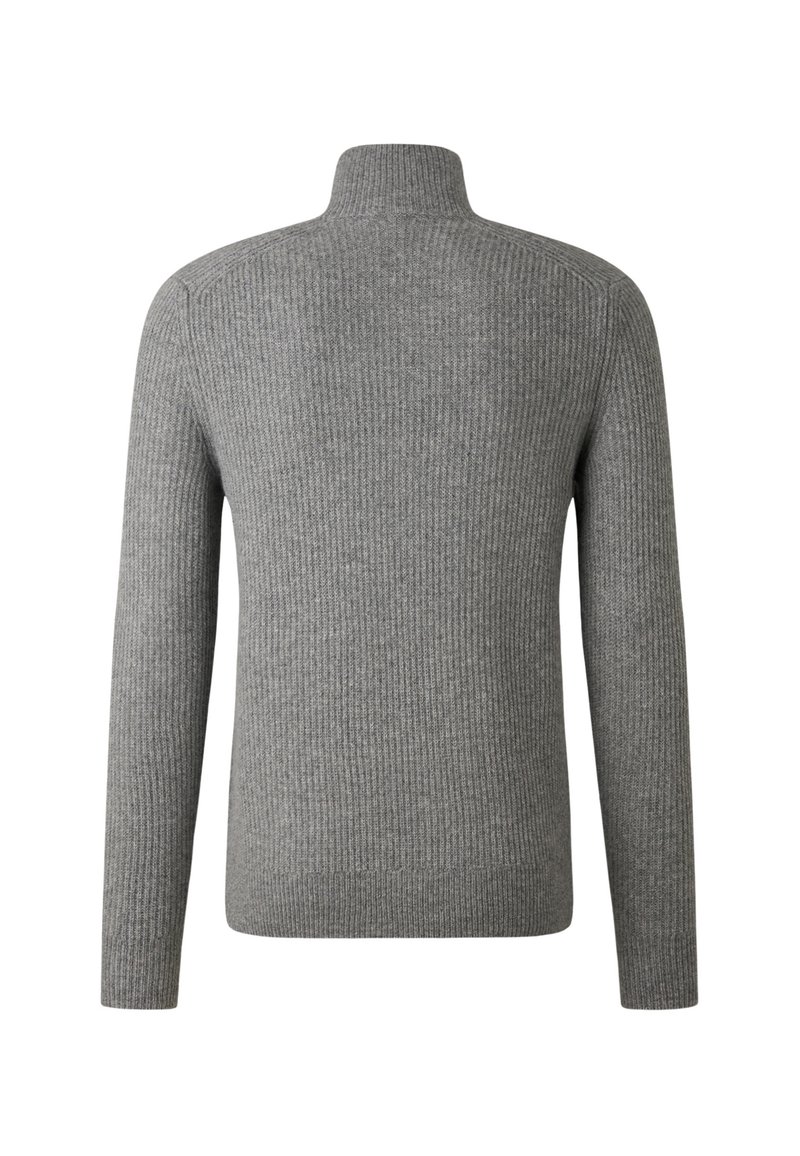 Grauer gerippter Pullover mit hohem Kragen und langen Ärmeln. Aus weichem Stoff gefertigt, mit einem strukturierten Muster durchgehend.