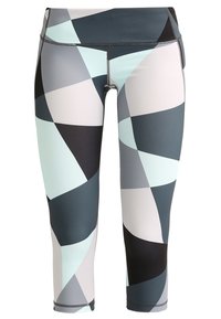 Legginsy trzy czwarte z abstrakcyjnym geometrycznym wzorem w odcieniach miętowym, szarym, czarnym i jasnoróżowym. Wykonane z elastycznego materiału.