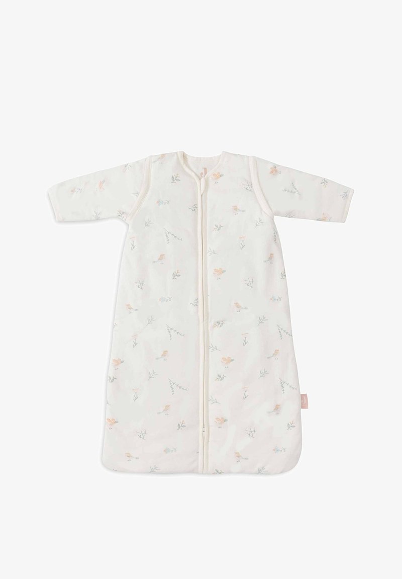 Leichter, cremefarbener Schlafsack mit langen Ärmel, floralem Muster in Pastellfarben, Frontreißverschluss und weichem Baumwollstoff.