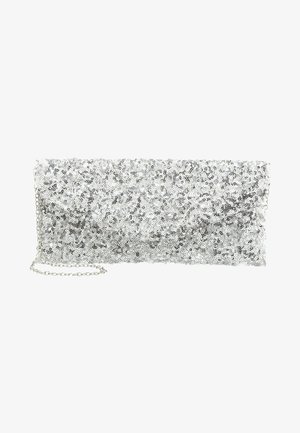 Pochette rectangulaire argentée recouverte de sequins brillants avec une fine chaîne argentée.