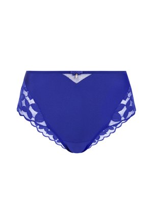 Culotte taille haute en bleu profond, avec des panneaux latéraux en dentelle à motif floral, des bords festonnés et un petit nœud à la taille.