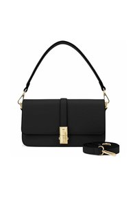 Borsa nera con una texture liscia, hardware dorato e una tracolla removibile. Il design presenta un pannello frontale chiuso da una clip.