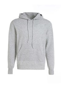 Felpa con cappuccio grigia chiara, dotata di tasca frontale, cordini e polsini e orlo a coste.