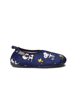 Chausson bleu marine à enfiler avec les personnages de dessin animé Snoopy et Woodstock, bordure noire et semelle souple.