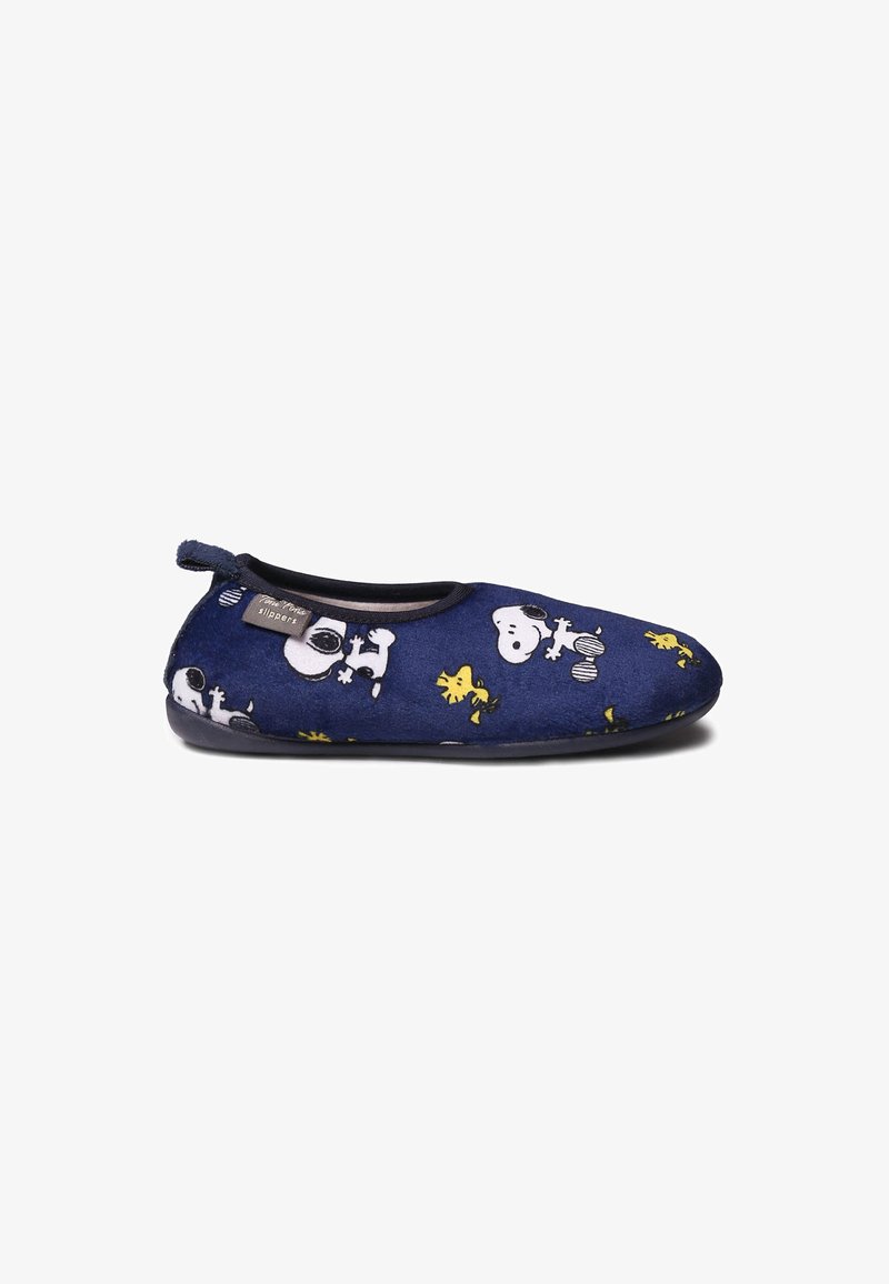 Chausson bleu marine à enfiler avec les personnages de dessin animé Snoopy et Woodstock, bordure noire et semelle souple.