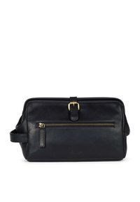 Borsa in pelle nera con dettagli in zip dorata, forma rettangolare, tasca frontale con zip e manico piatto. Texture liscia e design minimalista.