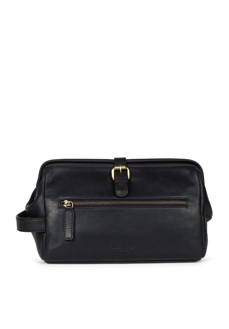 Borsa in pelle nera con dettagli in zip dorata, forma rettangolare, tasca frontale con zip e manico piatto. Texture liscia e design minimalista.