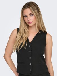 Black sleeveless vest with a V-neck, featuring six front buttons, two side pockets, and a tailored fit. Smooth fabric with a matte finish.