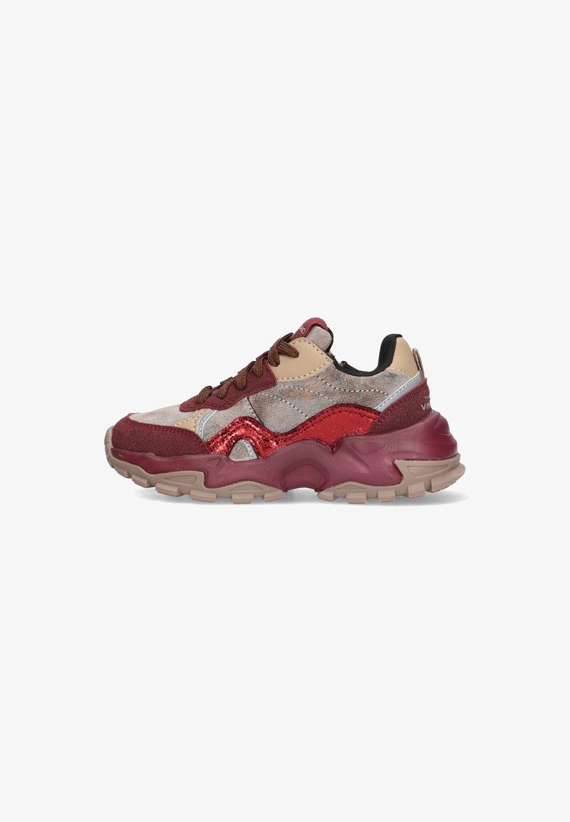 Sporty sneakers featuring a multi-material design in shades of red, beige, and silver. Chunky sole with textured accents and brown laces.