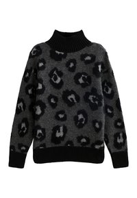 Suéter gris con estampado de leopardo negro, que presenta un cuello alto negro acanalado y puños y dobladillo negro acanalados, hecho de un material de punto suave.