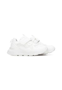 Zapatillas deportivas blancas con parte superior de malla y material sintético, puntera redondeada, correa ajustable de velcro y suela acolchada.