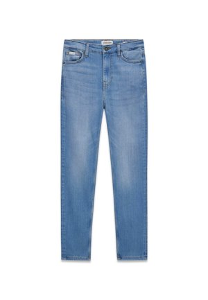 Jeans in denim blu chiaro con design a gamba dritta, cinque tasche e una leggera sfumatura. Presentano minuteria in tono argentato e una vita classica.