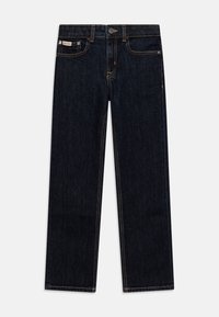 Jeans de denim oscuro con un diseño de pierna recta, que incluyen costuras en contraste, cinco bolsillos y un parche con el logo de Calvin Klein en la cinturilla.