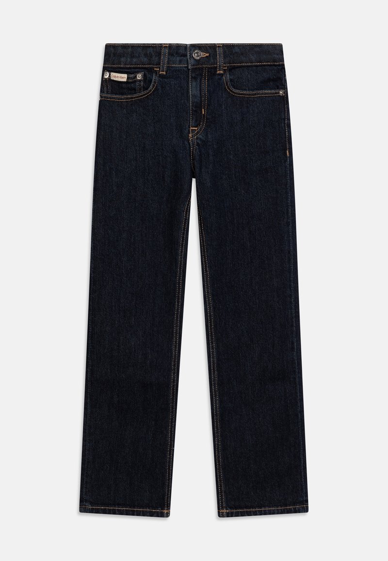 Jeans de denim oscuro con un diseño de pierna recta, que incluyen costuras en contraste, cinco bolsillos y un parche con el logo de Calvin Klein en la cinturilla.