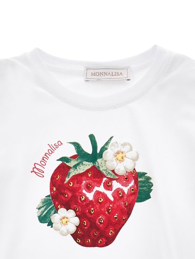 Witte katoenen T-shirt met een grote rode aardbei-illustratie, groene bladeren en witte bloemaccenten, met het label "Monnalisa."